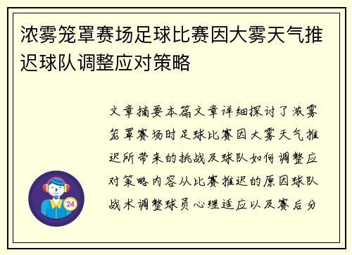 浓雾笼罩赛场足球比赛因大雾天气推迟球队调整应对策略