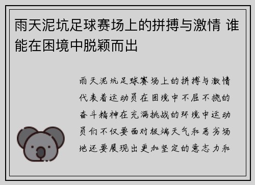雨天泥坑足球赛场上的拼搏与激情 谁能在困境中脱颖而出
