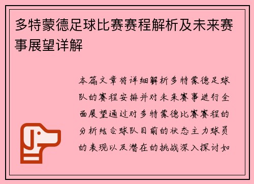 多特蒙德足球比赛赛程解析及未来赛事展望详解