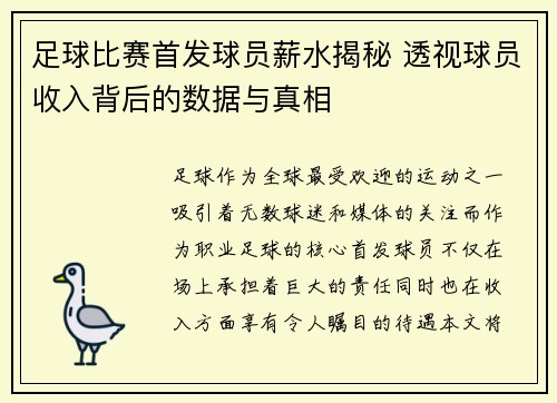足球比赛首发球员薪水揭秘 透视球员收入背后的数据与真相