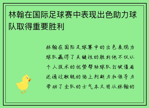 林翰在国际足球赛中表现出色助力球队取得重要胜利