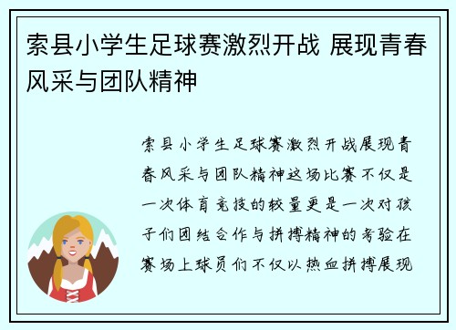 索县小学生足球赛激烈开战 展现青春风采与团队精神