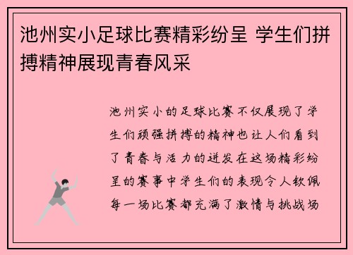 池州实小足球比赛精彩纷呈 学生们拼搏精神展现青春风采