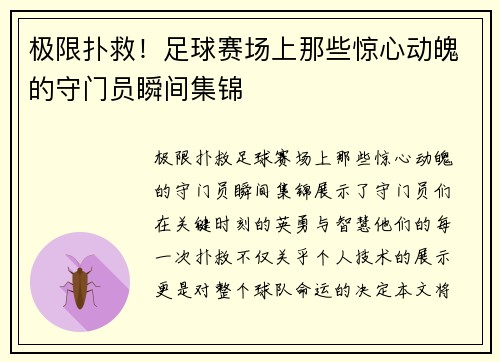 极限扑救！足球赛场上那些惊心动魄的守门员瞬间集锦
