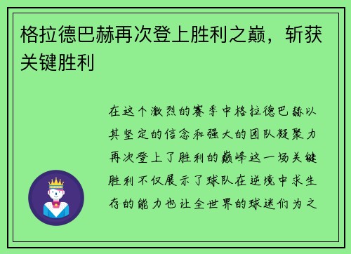 格拉德巴赫再次登上胜利之巅，斩获关键胜利