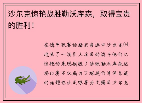 沙尔克惊艳战胜勒沃库森，取得宝贵的胜利！