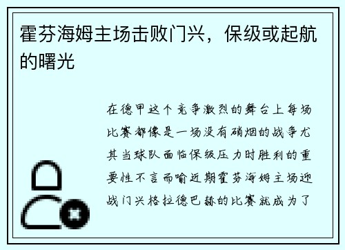 霍芬海姆主场击败门兴，保级或起航的曙光