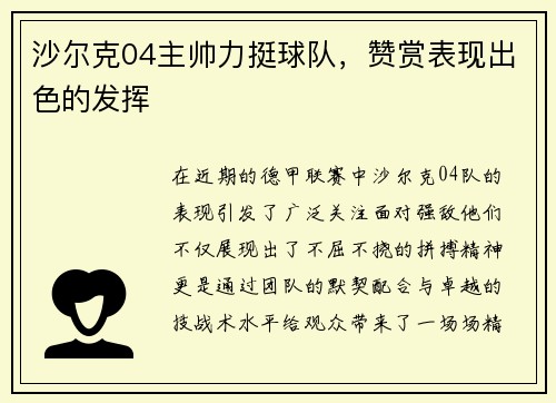 沙尔克04主帅力挺球队，赞赏表现出色的发挥