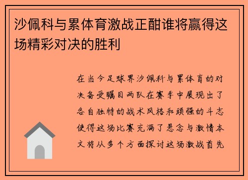 沙佩科与累体育激战正酣谁将赢得这场精彩对决的胜利