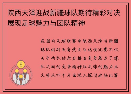 陕西天泽迎战新疆球队期待精彩对决展现足球魅力与团队精神