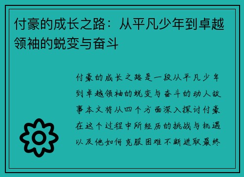 付豪的成长之路：从平凡少年到卓越领袖的蜕变与奋斗