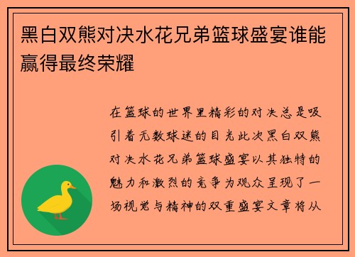 黑白双熊对决水花兄弟篮球盛宴谁能赢得最终荣耀