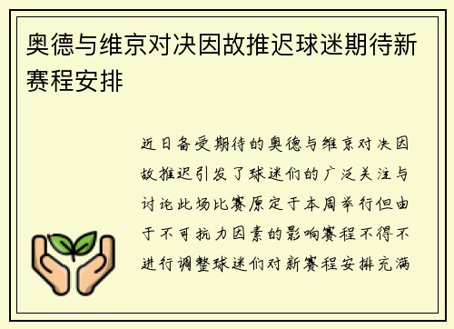 奥德与维京对决因故推迟球迷期待新赛程安排