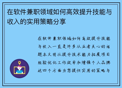 在软件兼职领域如何高效提升技能与收入的实用策略分享