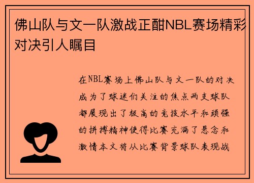 佛山队与文一队激战正酣NBL赛场精彩对决引人瞩目
