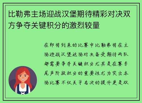 比勒弗主场迎战汉堡期待精彩对决双方争夺关键积分的激烈较量