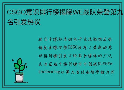 CSGO意识排行榜揭晓WE战队荣登第九名引发热议