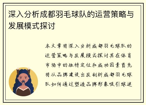 深入分析成都羽毛球队的运营策略与发展模式探讨