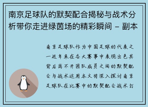 南京足球队的默契配合揭秘与战术分析带你走进绿茵场的精彩瞬间 - 副本