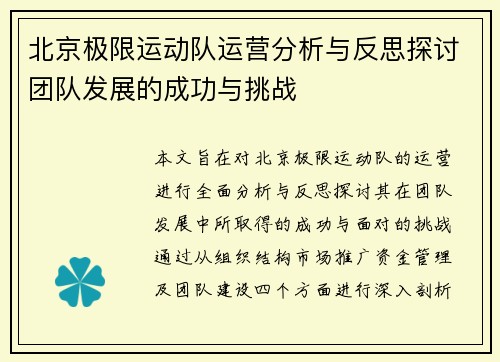 北京极限运动队运营分析与反思探讨团队发展的成功与挑战